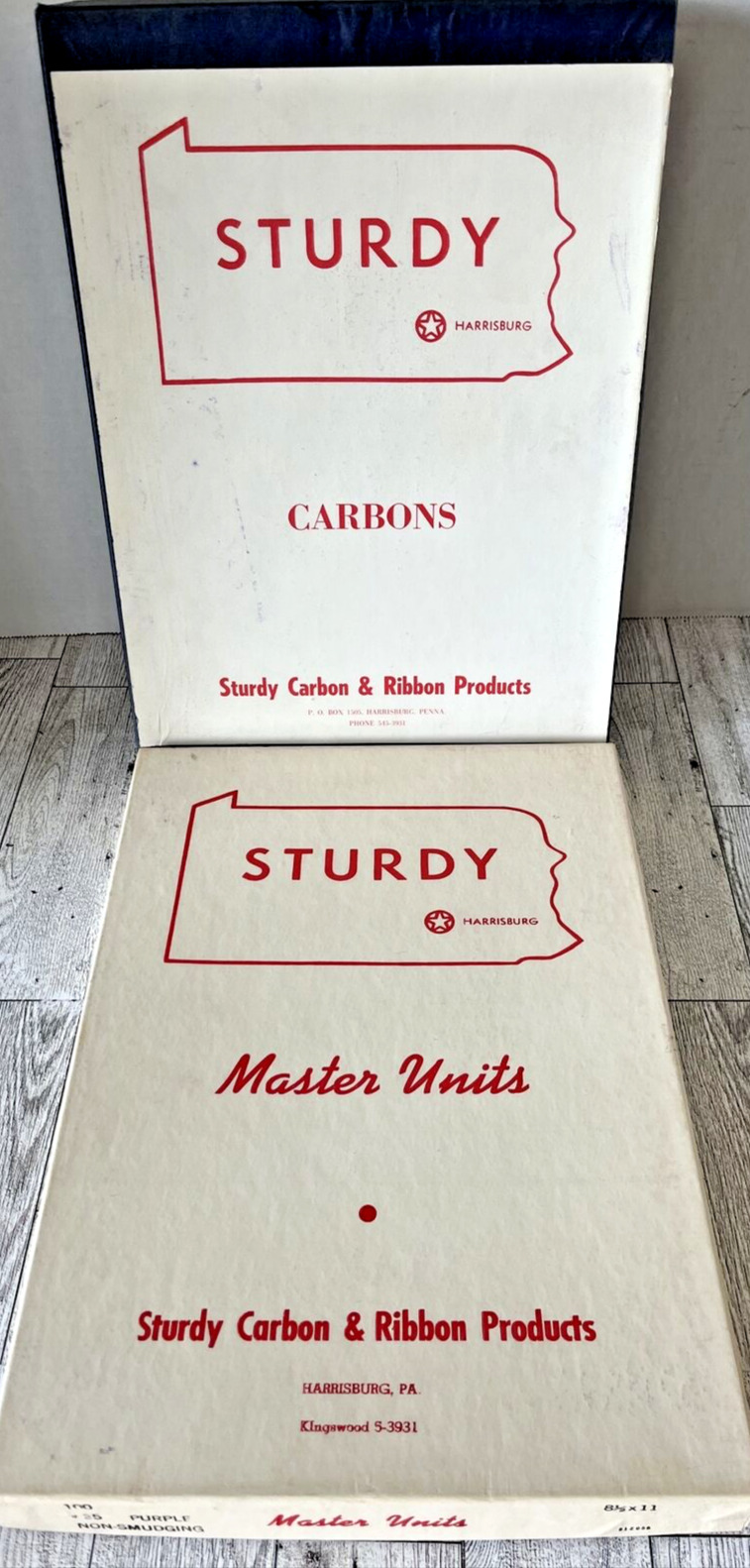 Set of 2 Vintage Purple STURDY CARBONS & Master Units 8.5x11” Harrisburg PA Used