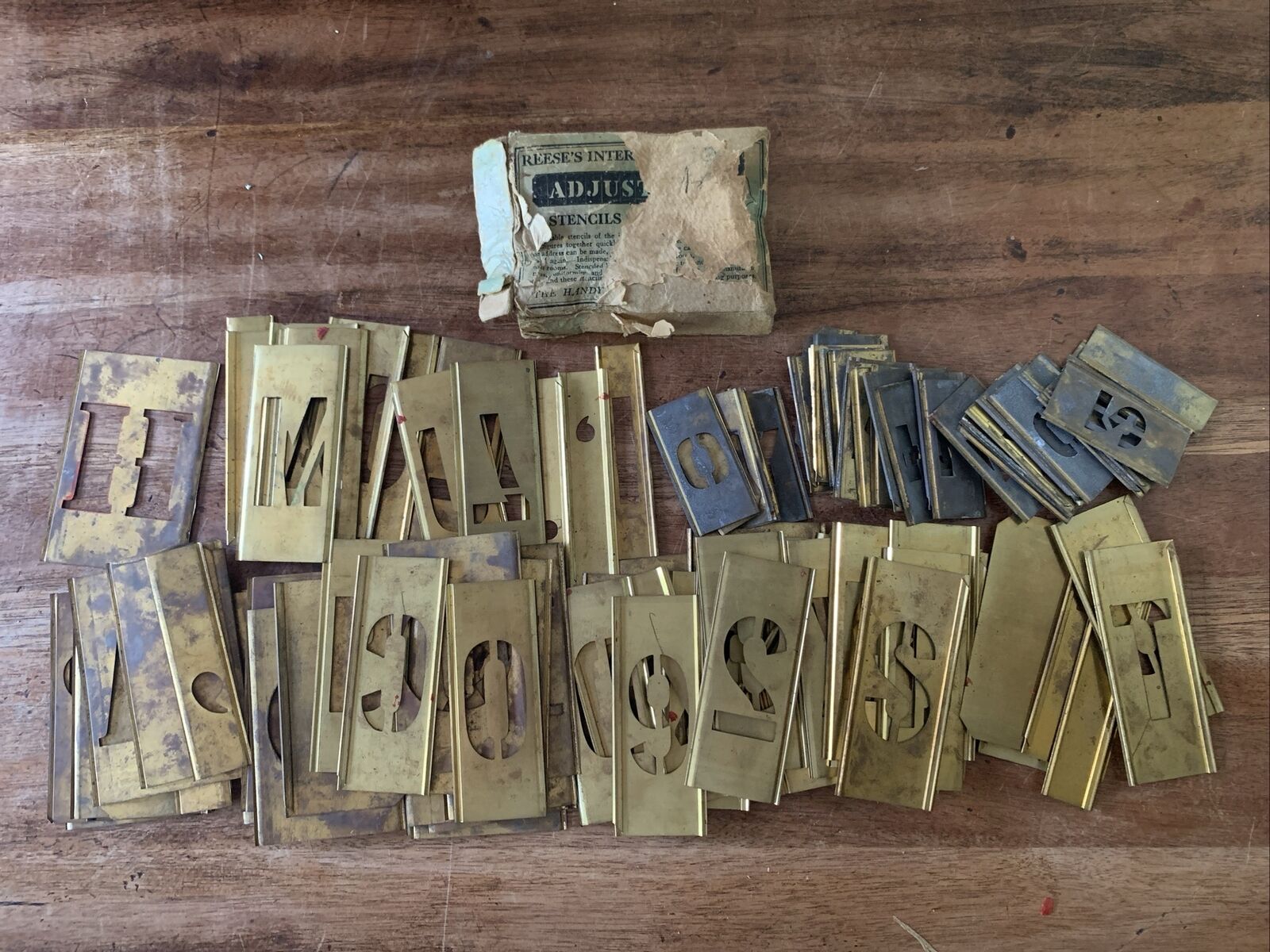 Large Vintage Lot 125 Reeses Brass Stencils Interlocking Adjustable Letters Box